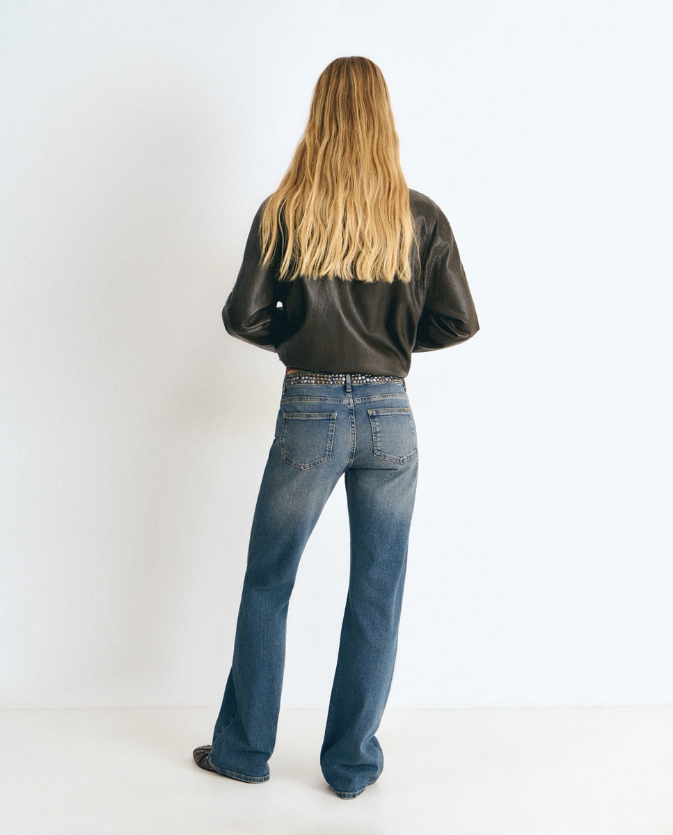 Vaquero recto de mujer con cinturilla de tachas - Brownie - Azul Azul-2