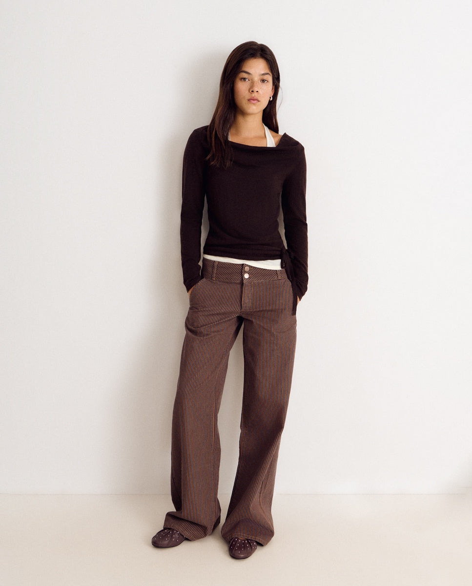 Imagen 0 de Pantalón recto de mujer de rayas con cintura ancha Marrón