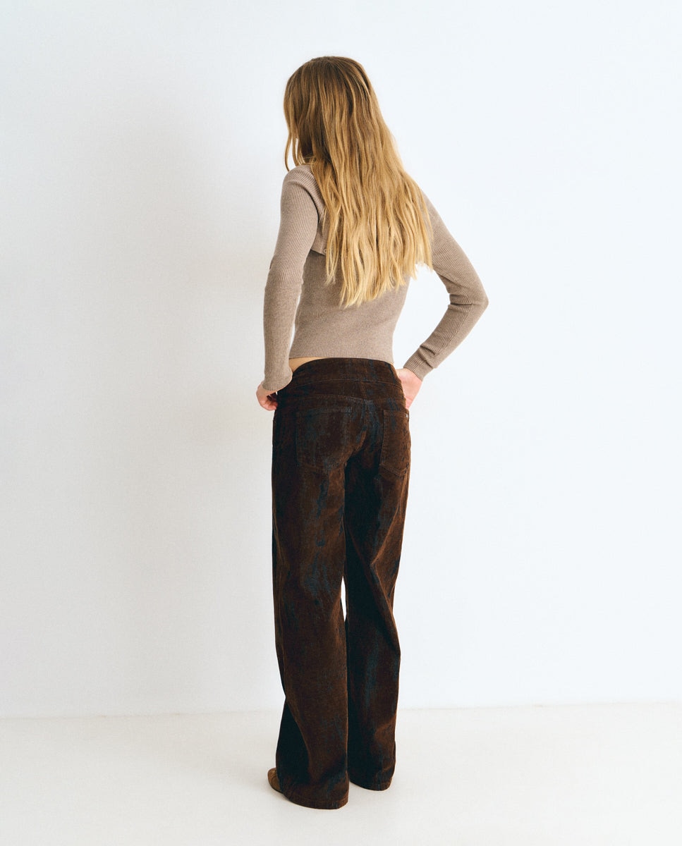 Pantalón recto de mujer con textura flock - Brownie - Marrón Marrón-2