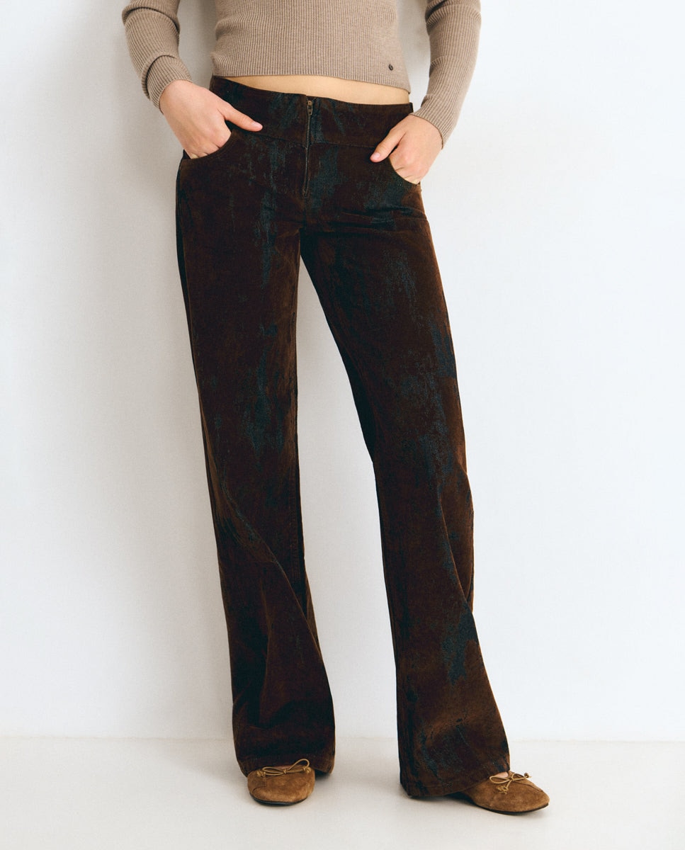 Pantalón recto de mujer con textura flock - Brownie - Marrón Marrón-3