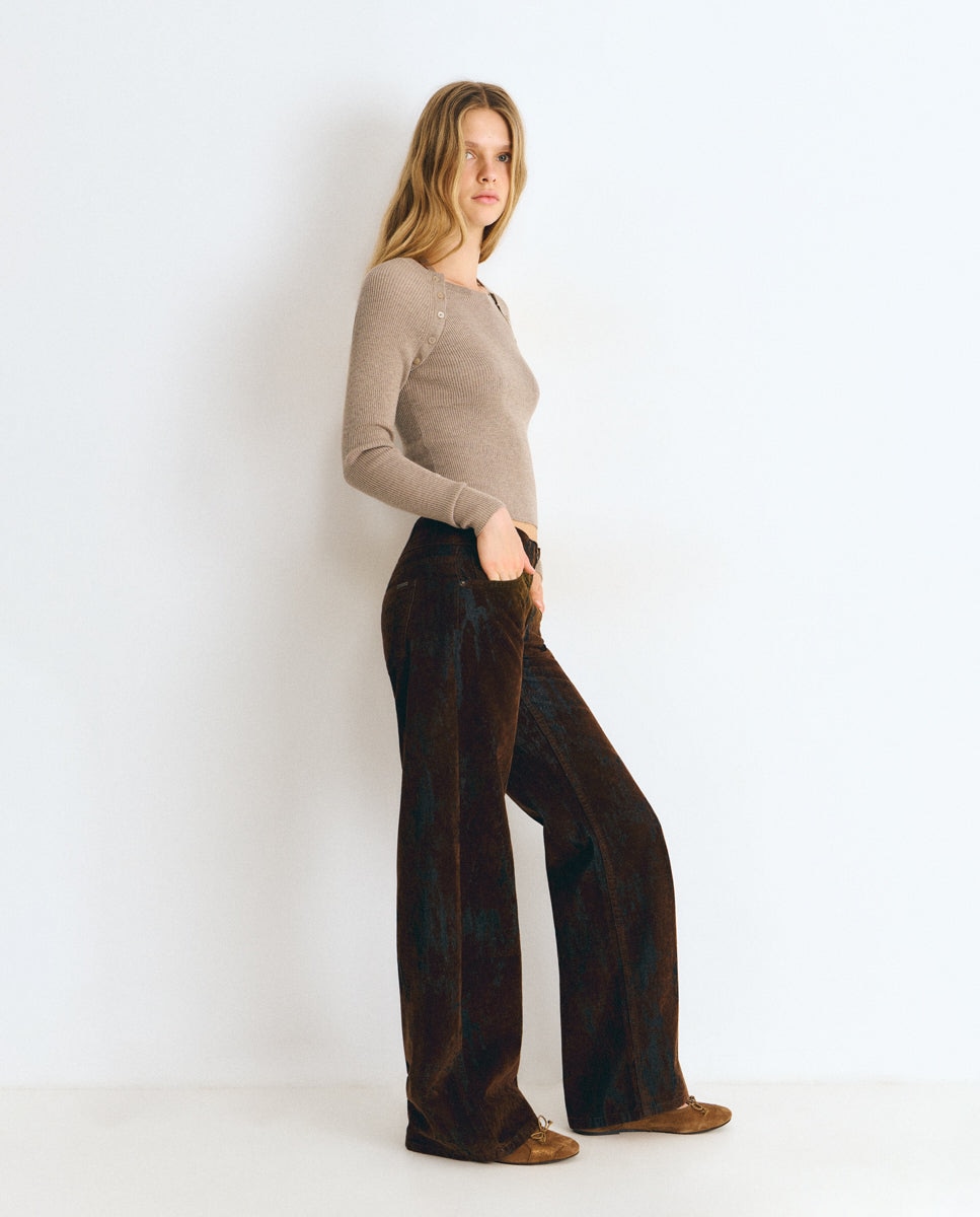 Pantalón recto de mujer con textura flock - Brownie - Marrón Marrón-4