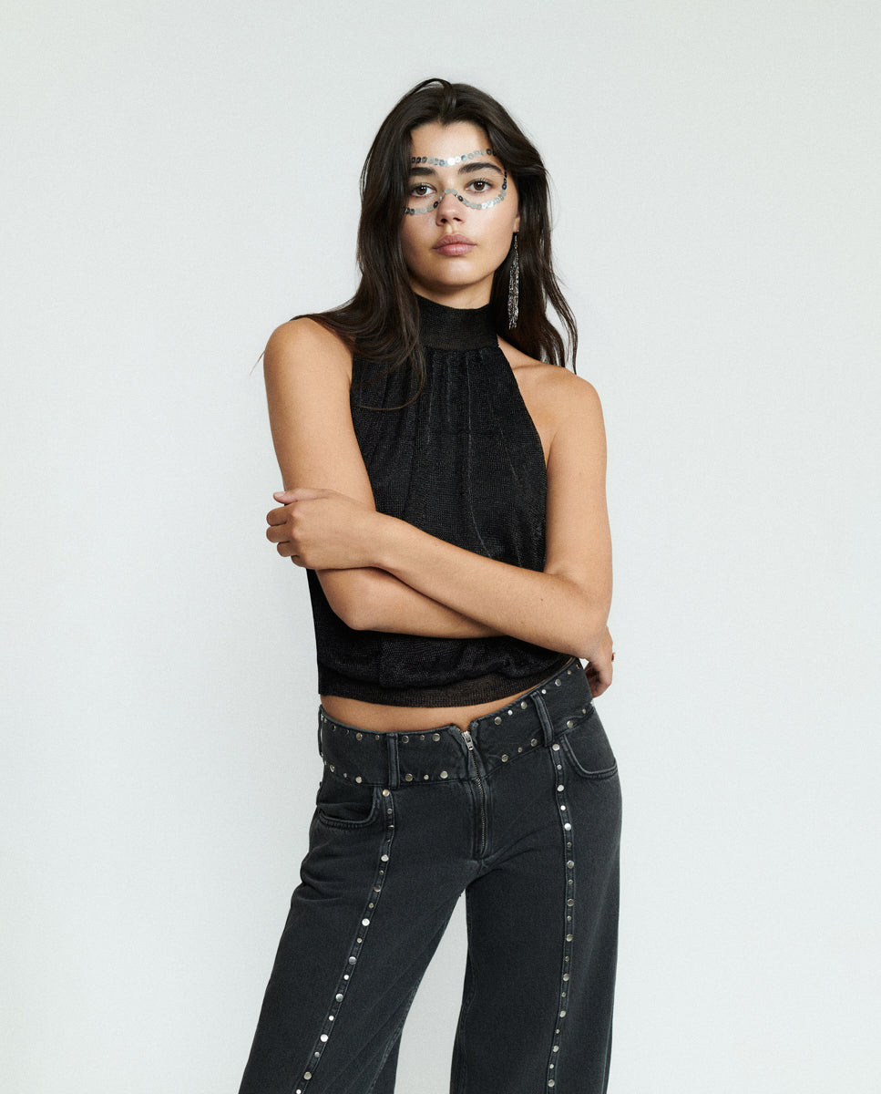 Imagen 1 de Top de mujer con cuello halter y brillo - Brownie - Negro Negro
