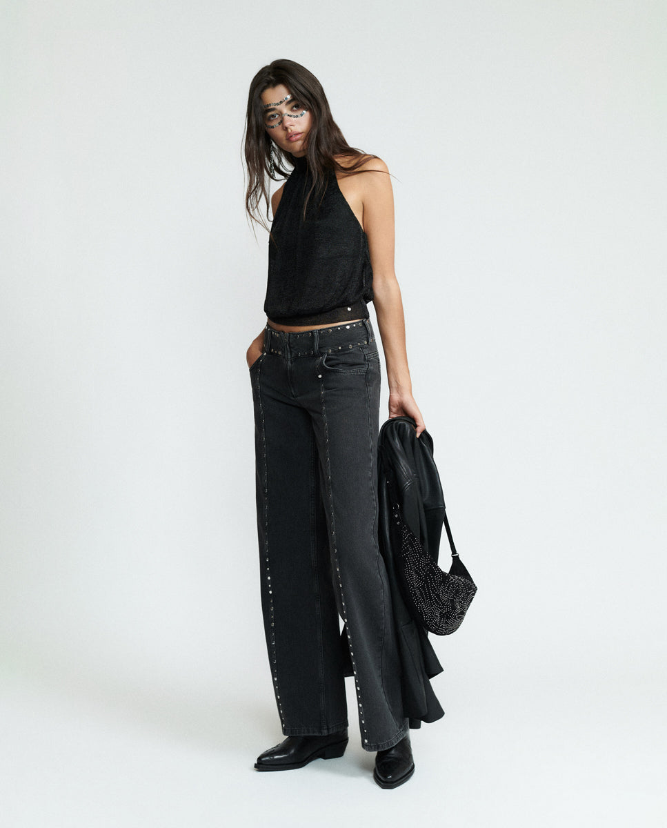 Imagen 3 de Top de mujer con cuello halter y brillo - Brownie - Negro Negro