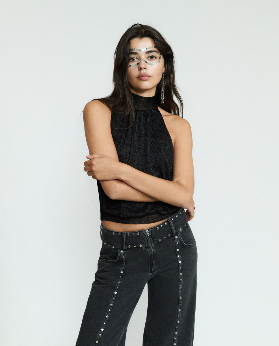 Imagen 4 de Top de mujer con cuello halter y brillo - Brownie - Negro Negro