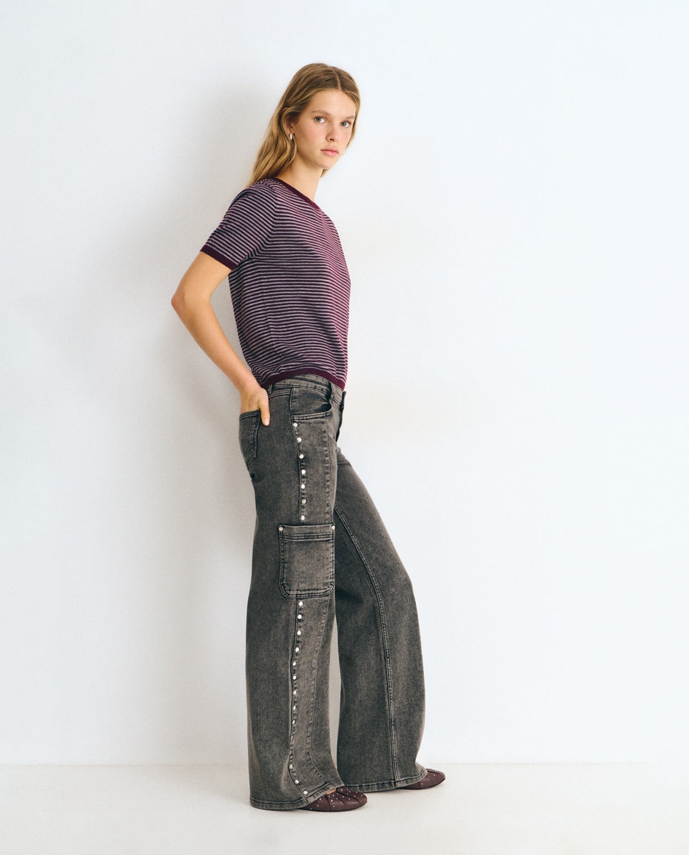 Vaquero recto de mujer estilo cargo con tachas - Brownie - Negro Negro-1
