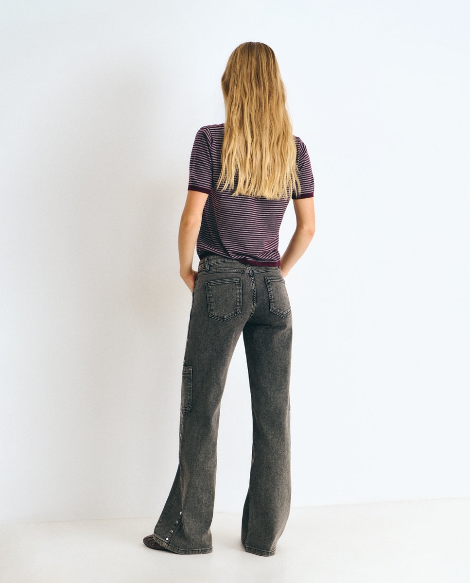 Vaquero recto de mujer estilo cargo con tachas - Brownie - Negro Negro-2
