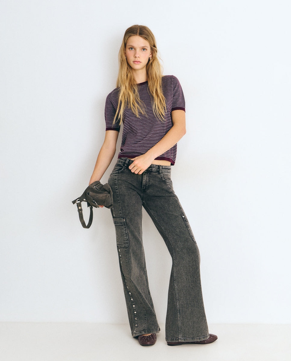 Vaquero recto de mujer estilo cargo con tachas - Brownie - Negro Negro-4