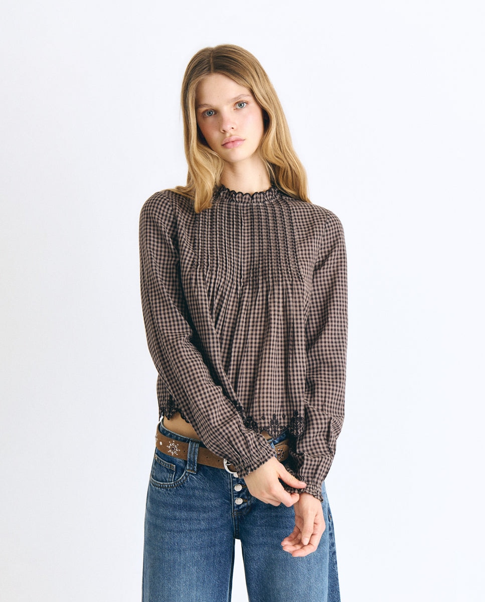 Imagen 1 de Blusa de mujer de manga larga de cuadros Marrón