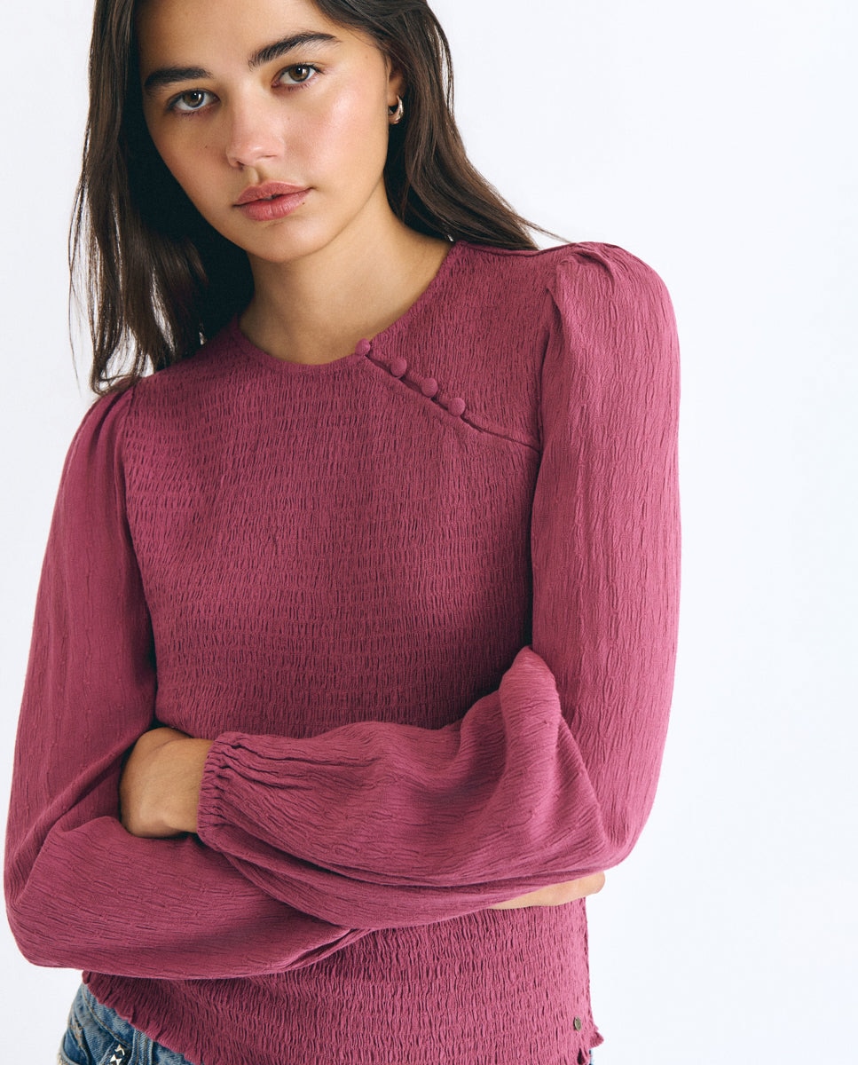 Blusa de mujer con smock y botones - Brownie - Rosa Rosa-1