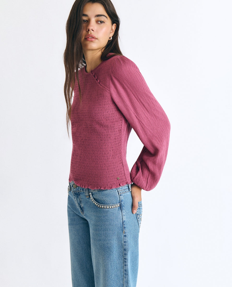 Blusa de mujer con smock y botones - Brownie - Rosa Rosa-4
