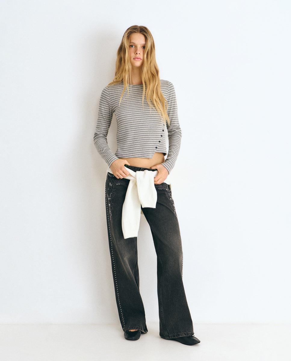 Camiseta de mujer de rayas con botones - Brownie - Gris Gris-3