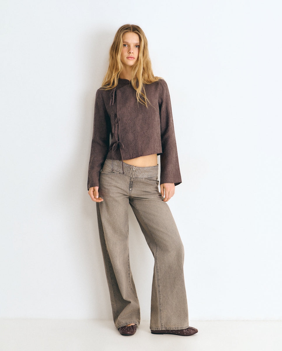 Blusa de mujer con tejido jacquard y lazos - Brownie - Marrón Marrón-3