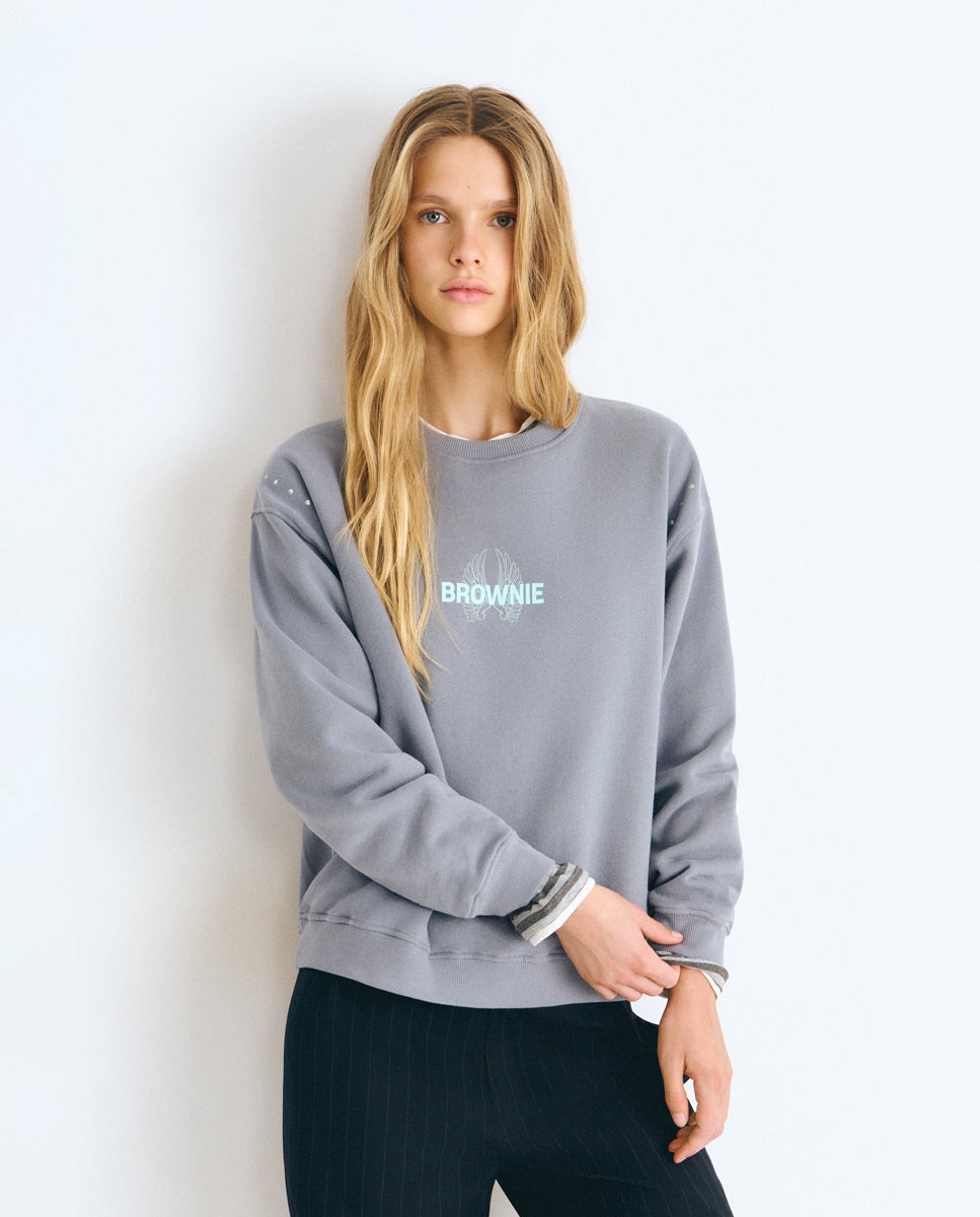 Sudadera de mujer con alas y texto - Brownie - Gris Gris-2