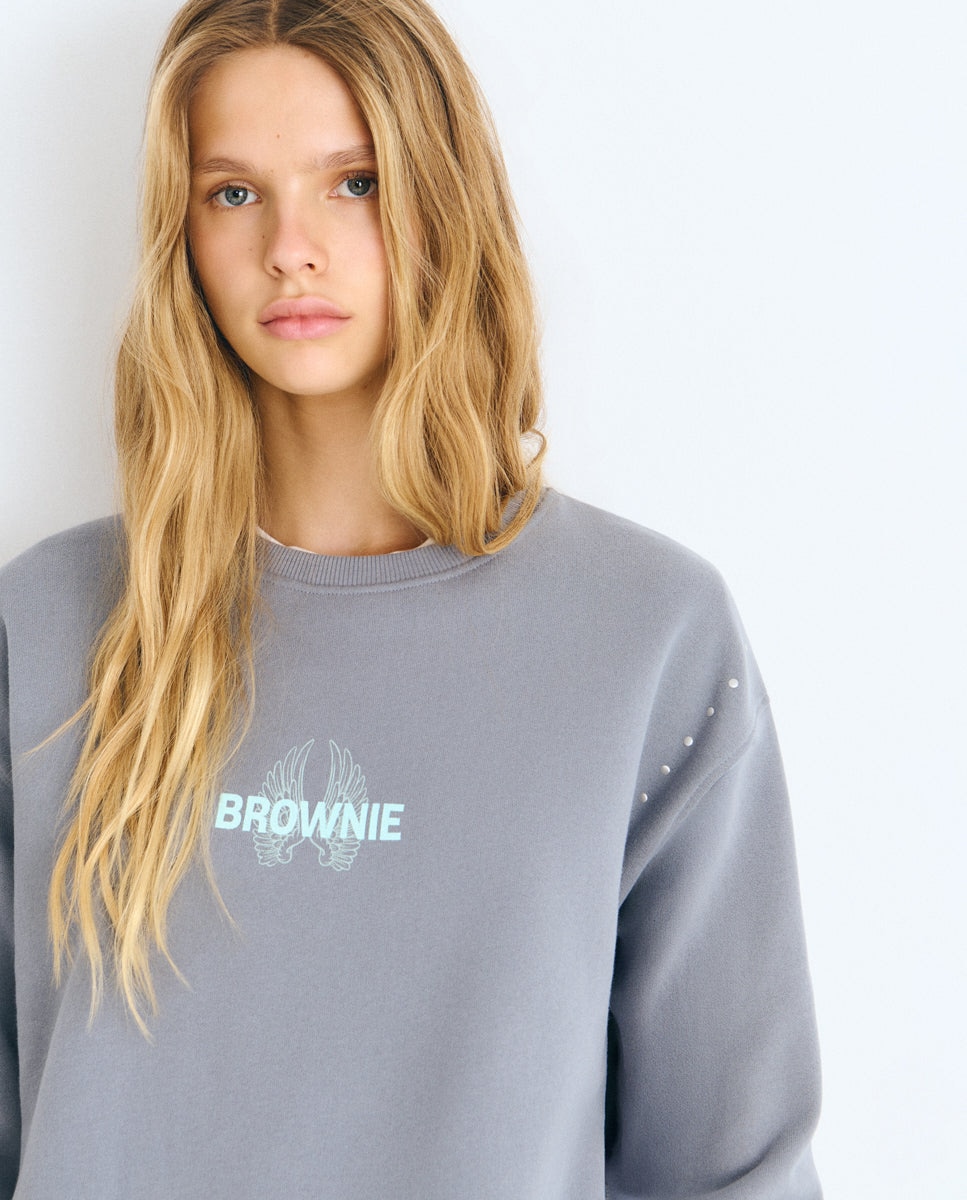 Sudadera de mujer con alas y texto - Brownie - Gris Gris-4