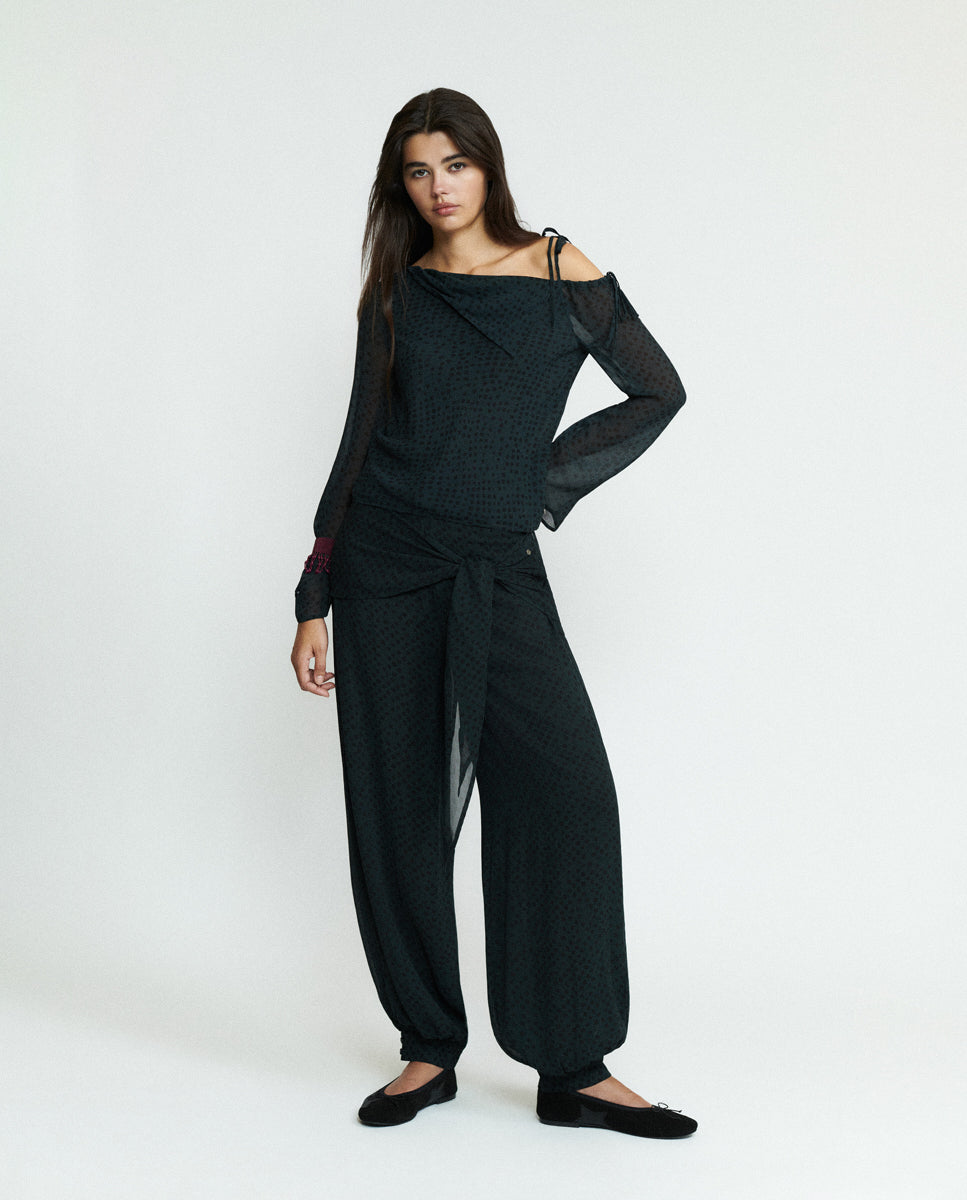 Pantalón ancho de mujer con lazo - Brownie - Negro Negro-2