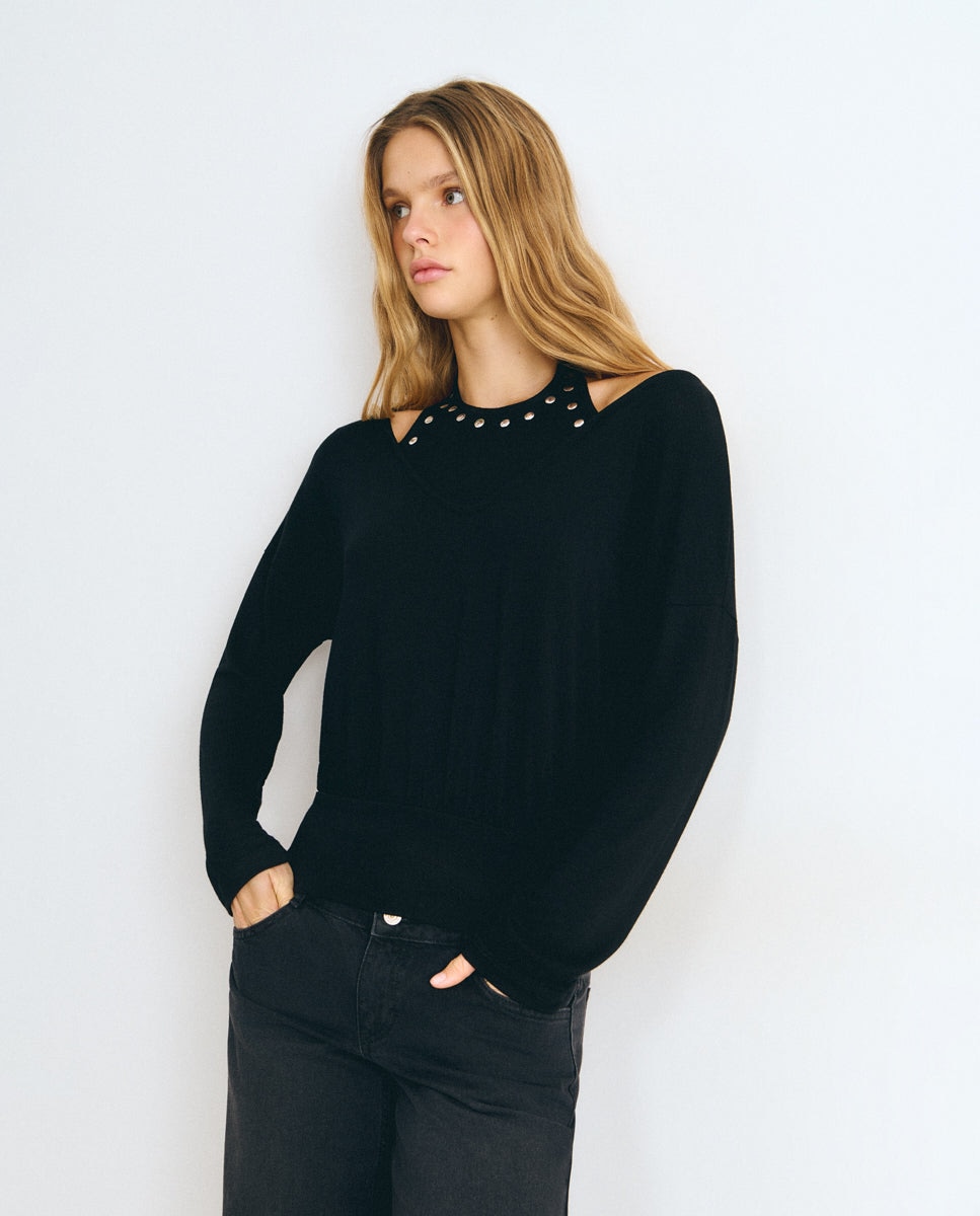 Camiseta de mujer efecto doble con tachas - Brownie - Negro Negro-1
