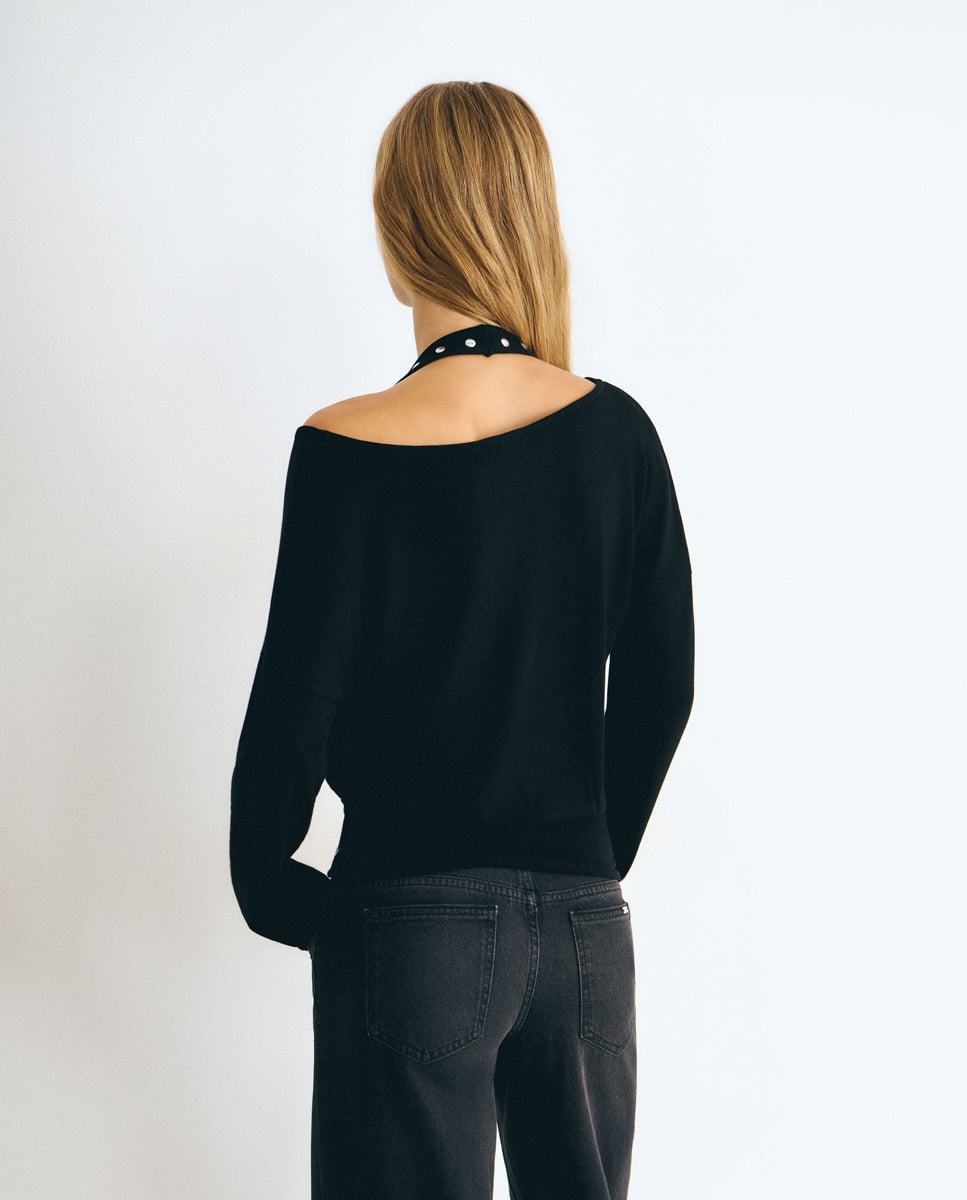 Camiseta de mujer efecto doble con tachas - Brownie - Negro Negro-2