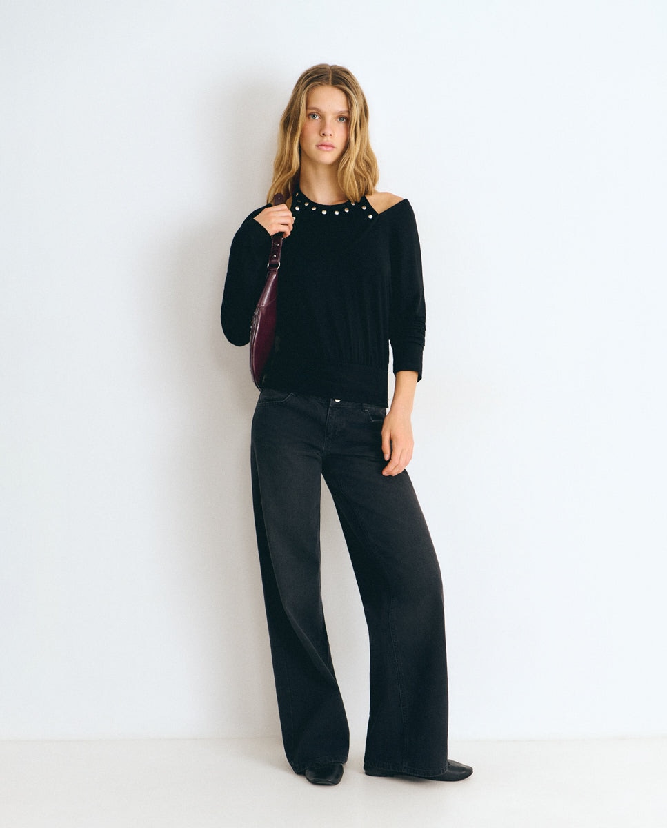 Camiseta de mujer efecto doble con tachas - Brownie - Negro Negro-3