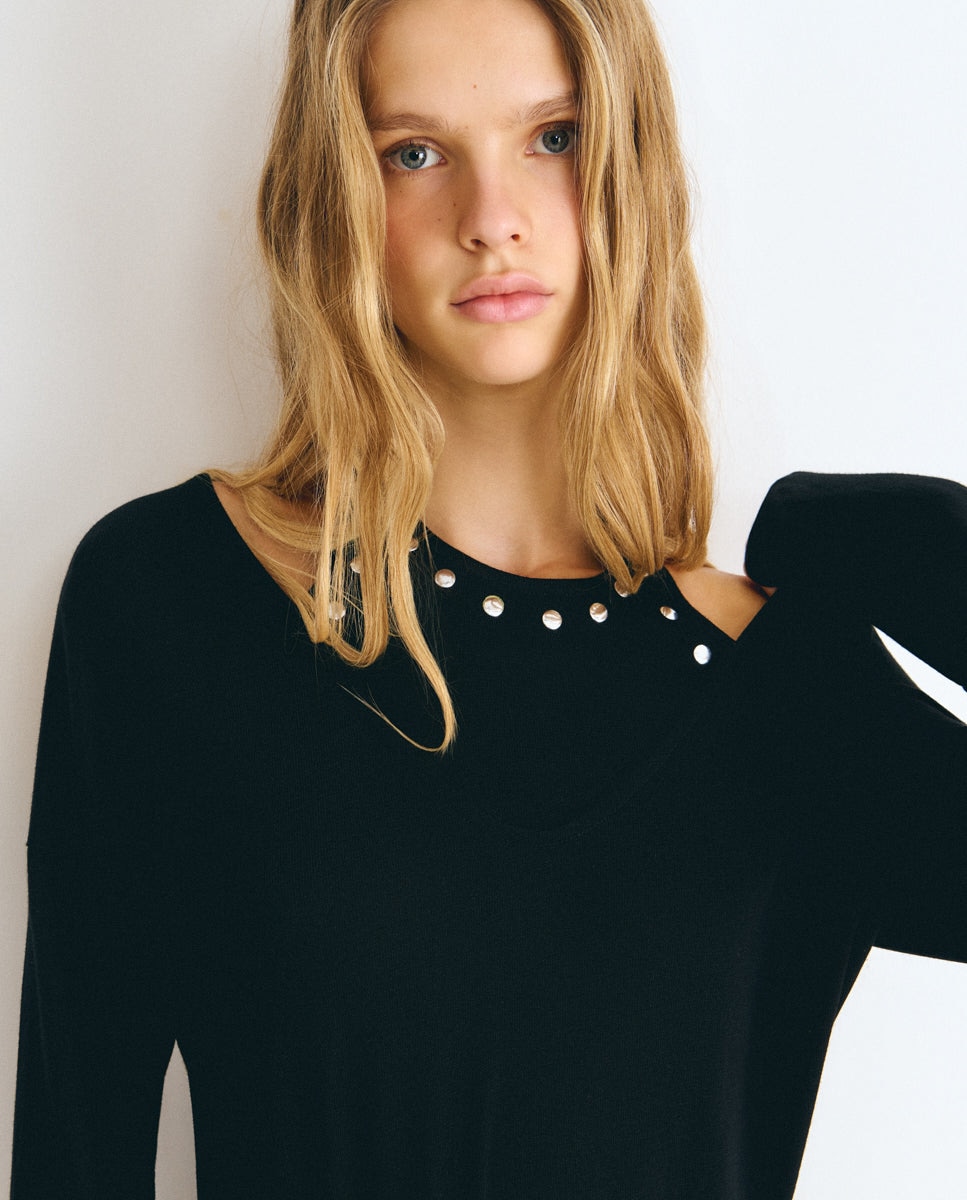 Camiseta de mujer efecto doble con tachas - Brownie - Negro Negro-4