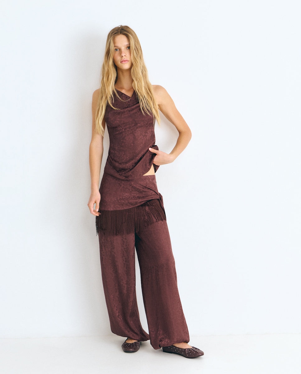 Pantalón ancho de mujer tipo bombacho con pañuelo de flecos - Brownie - Marrón Marrón-1