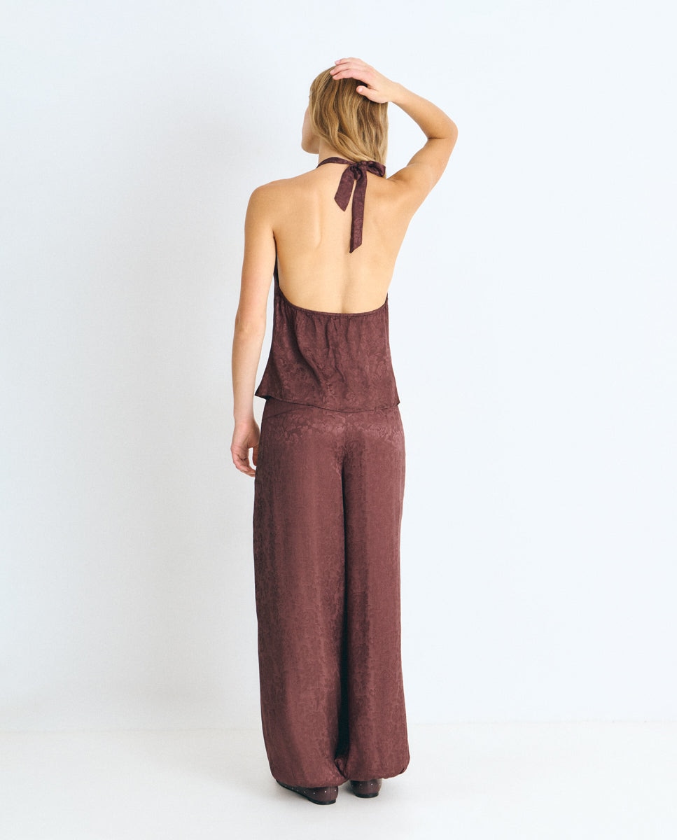 Pantalón ancho de mujer tipo bombacho con pañuelo de flecos - Brownie - Marrón Marrón-2