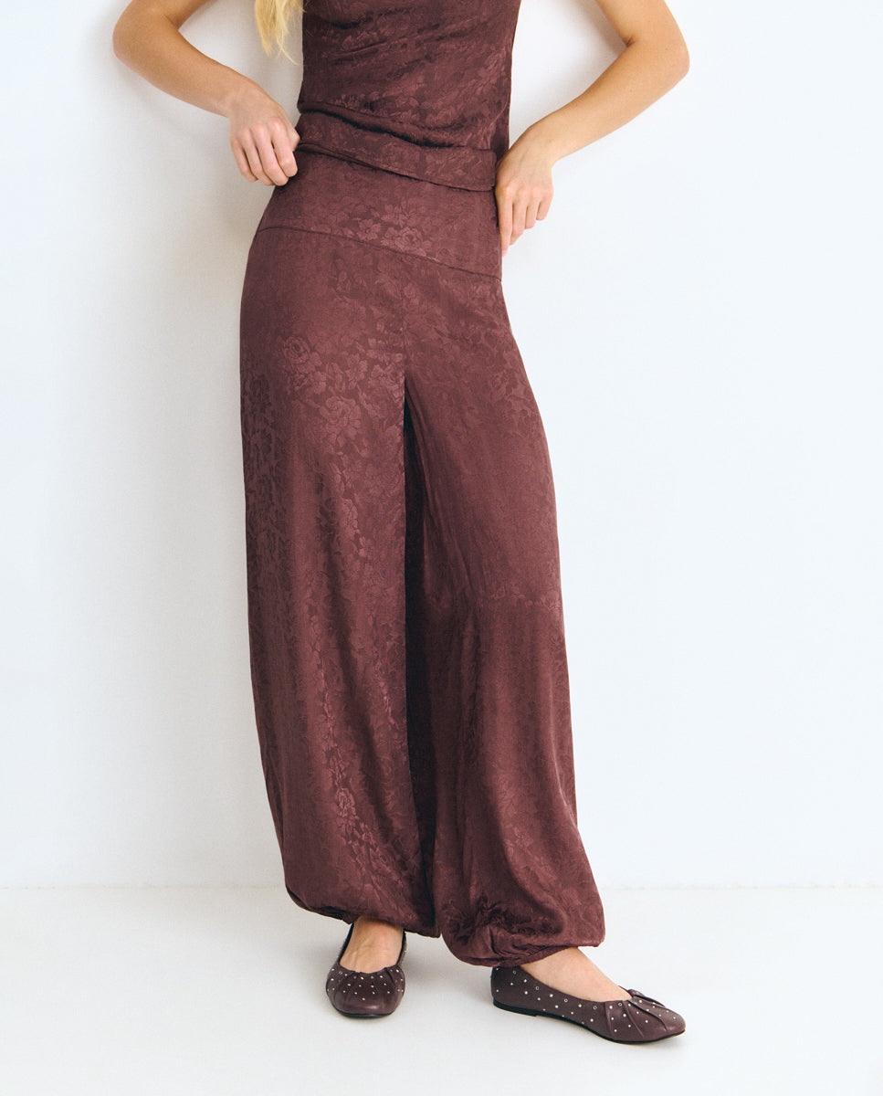 Pantalón ancho de mujer tipo bombacho con pañuelo de flecos - Brownie - Marrón Marrón-4