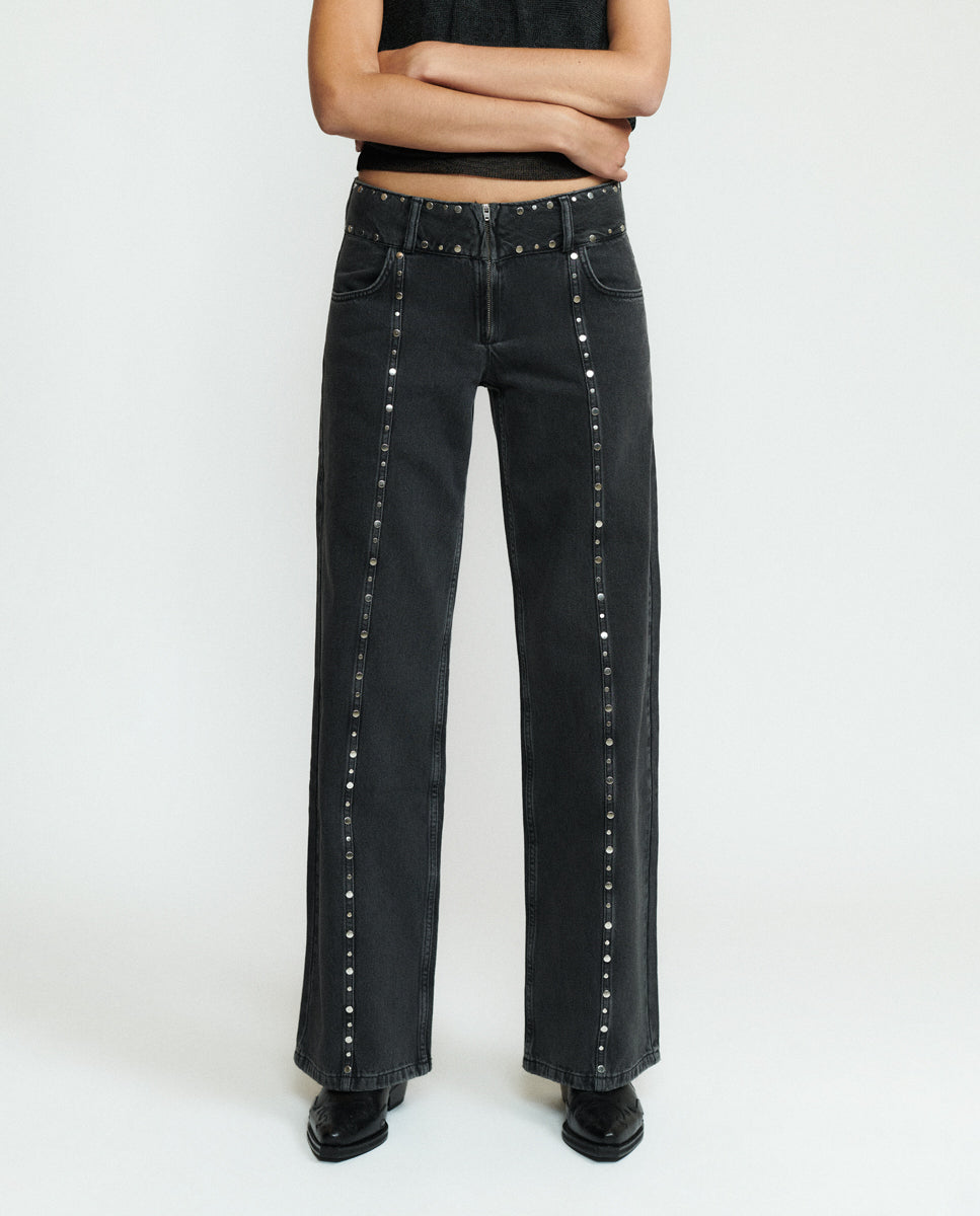Vaquero ancho de mujer con tachas - Brownie - Negro Negro-3