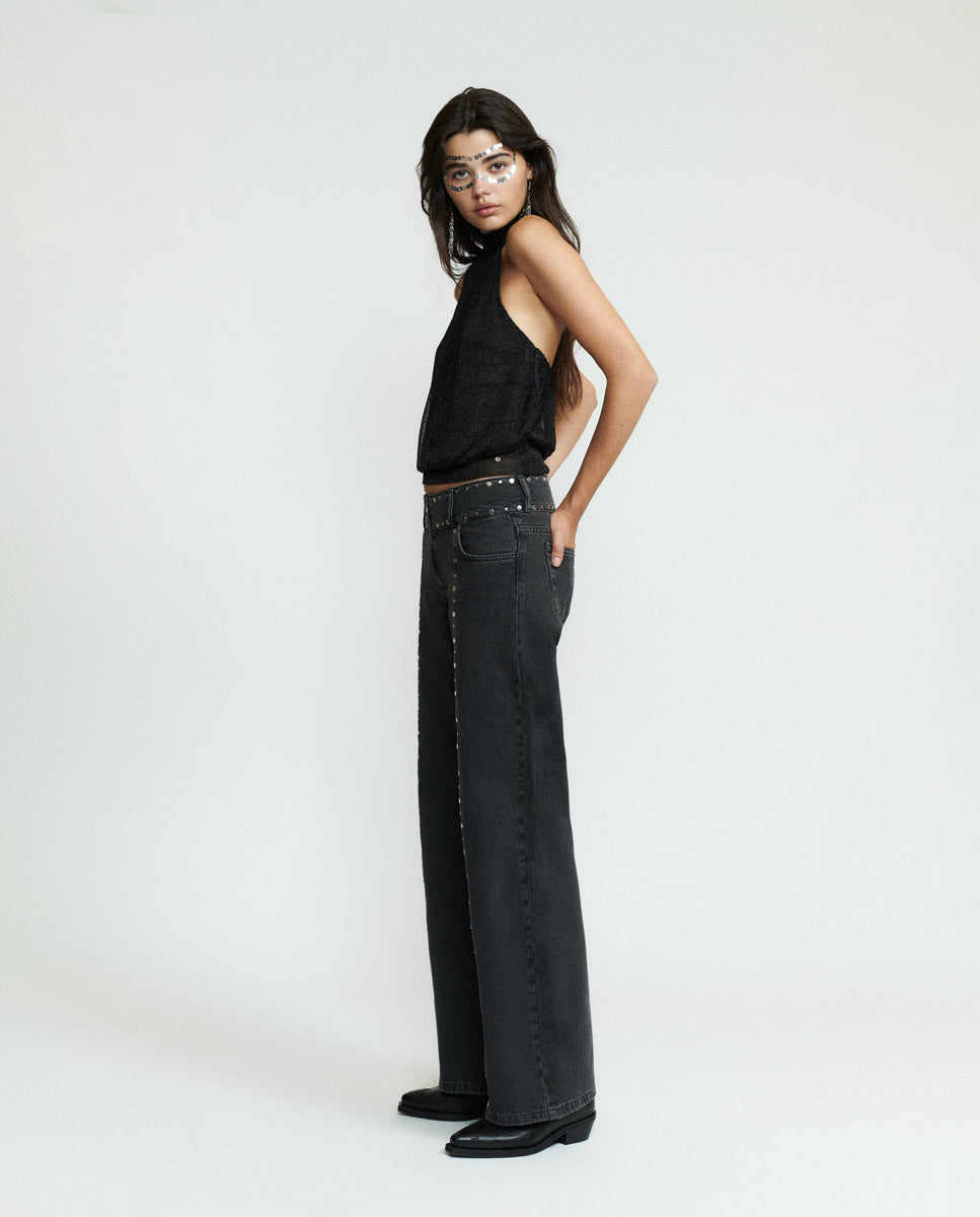 Vaquero ancho de mujer con tachas - Brownie - Negro Negro-4