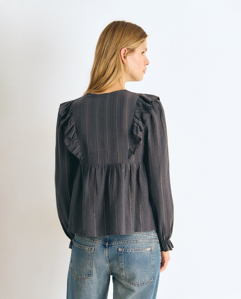 Blusa de mujer de rayas con volantes - Brownie - Gris Gris-2