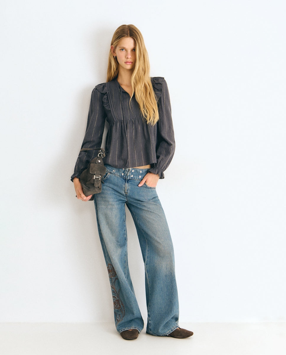 Blusa de mujer de rayas con volantes - Brownie - Gris Gris-3