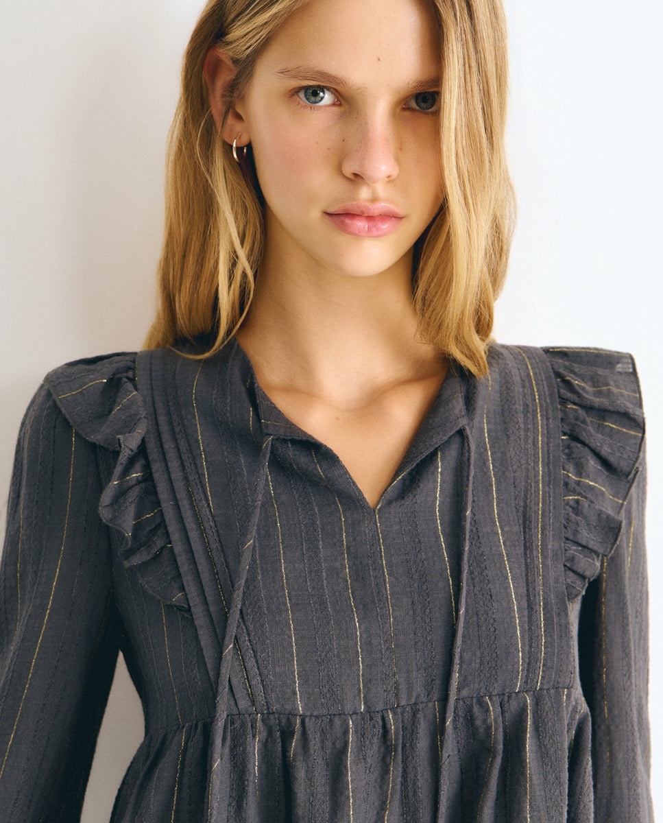 Blusa de mujer de rayas con volantes - Brownie - Gris Gris-4