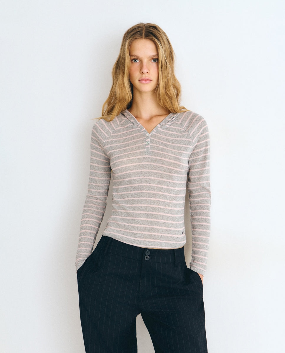 Camiseta de mujer de rayas con capucha - Brownie - Negro Negro-1