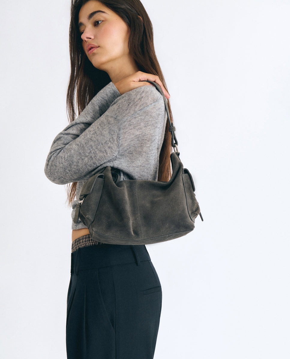 Bolso de hombro de mujer de piel con bolsillos - Brownie - Gris oscuro Gris oscuro-1