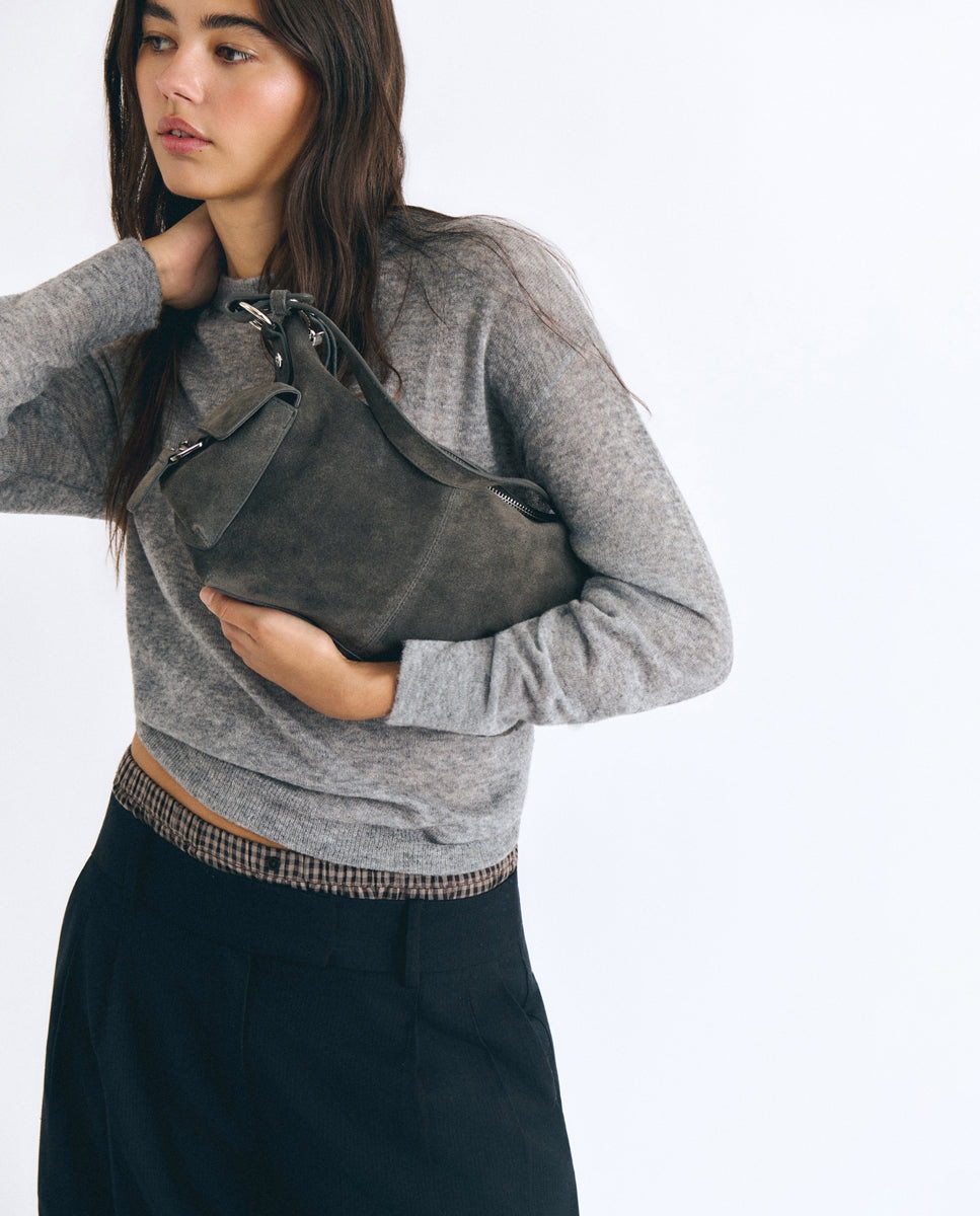 Bolso de hombro de mujer de piel con bolsillos - Brownie - Gris oscuro Gris oscuro-2