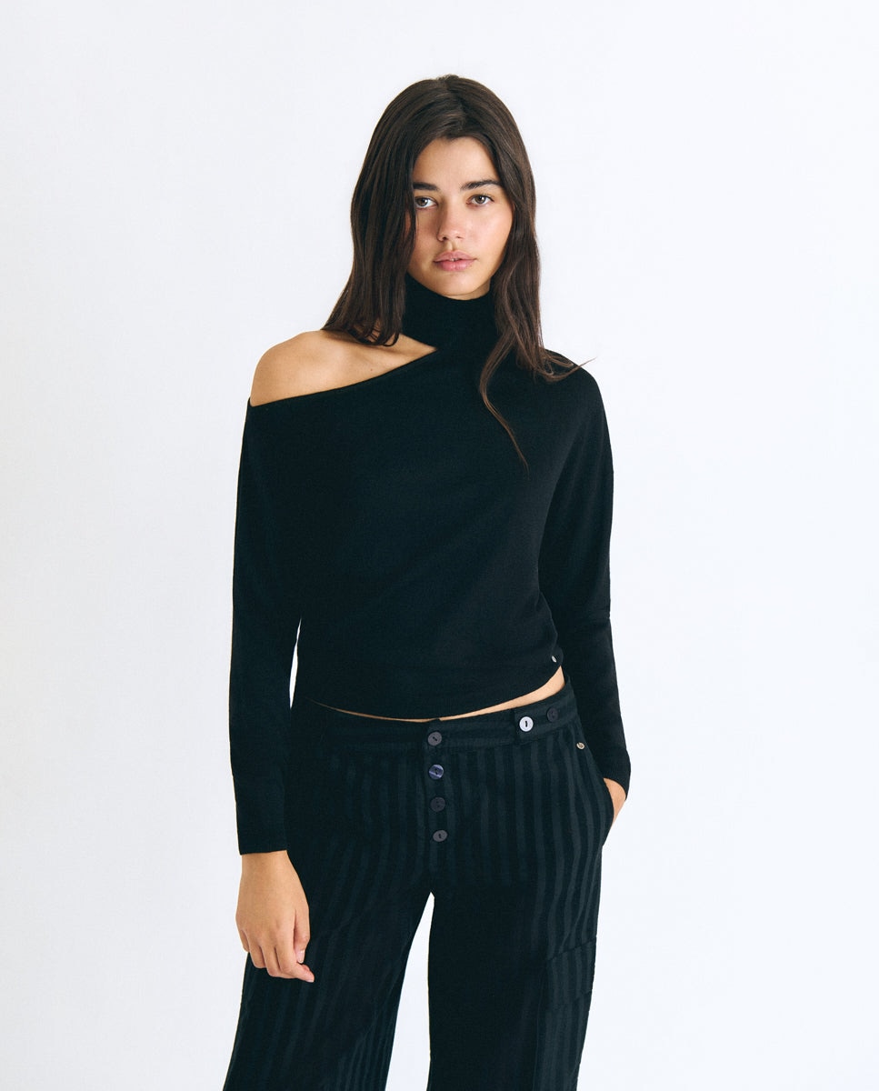 Imagen 1 de Jersey de mujer con abertura y cuello alto - Brownie - Negro Negro