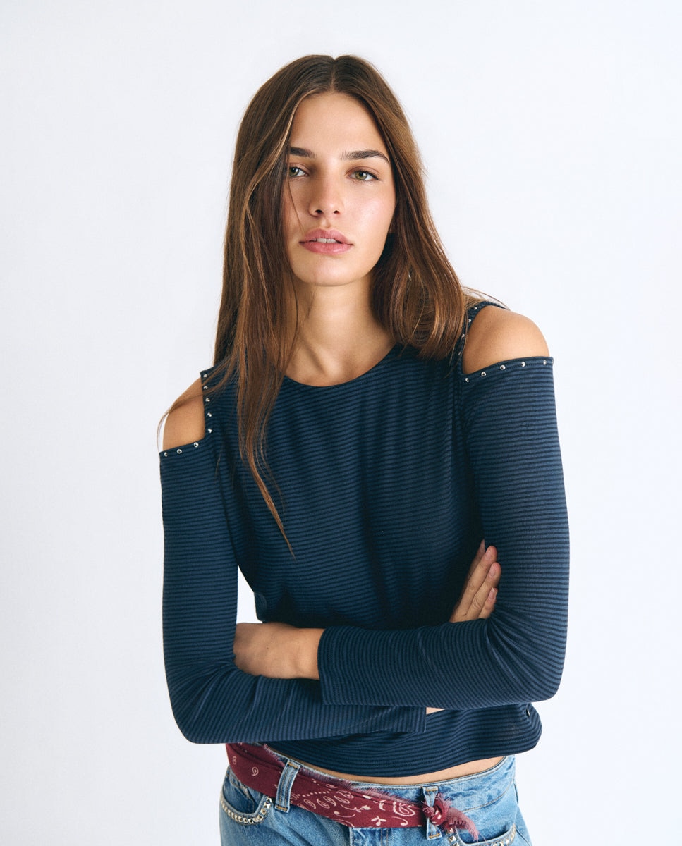 Imagen 0 de Camiseta de mujer de rayas con cut-out Azul
