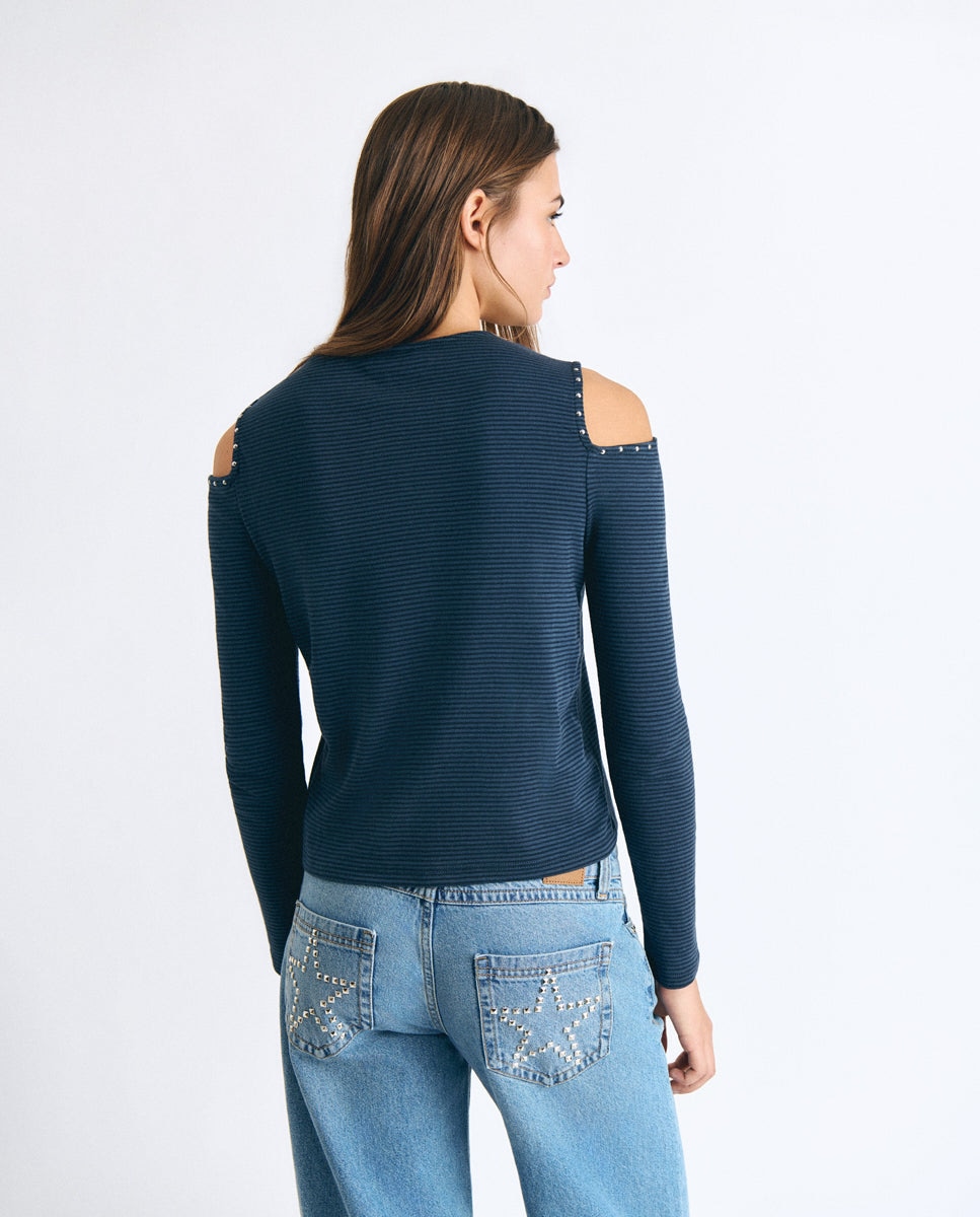 Camiseta de mujer de rayas con cut-out - Brownie - Azul Azul-2