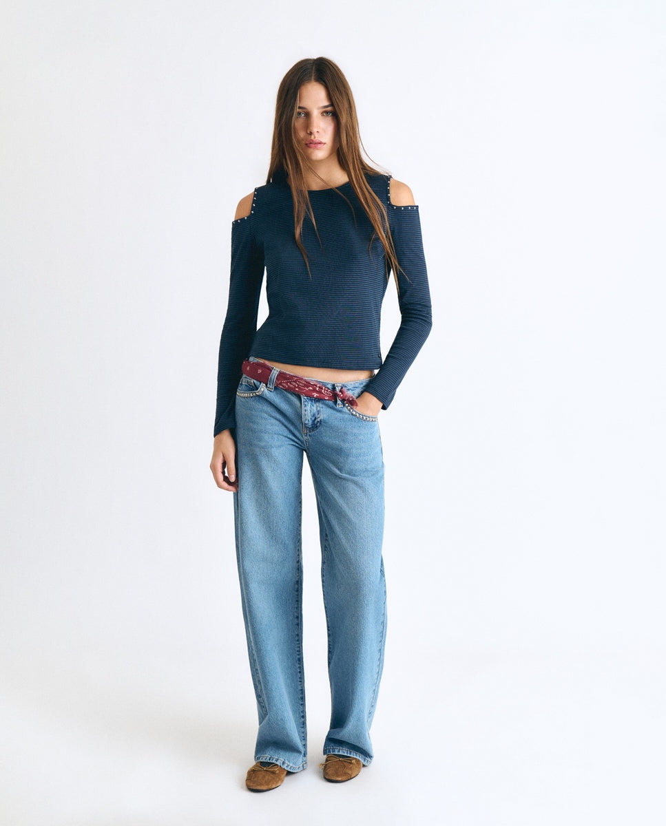 Camiseta de mujer de rayas con cut-out - Brownie - Azul Azul-3