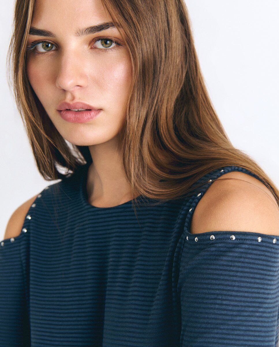 Camiseta de mujer de rayas con cut-out - Brownie - Azul Azul-4