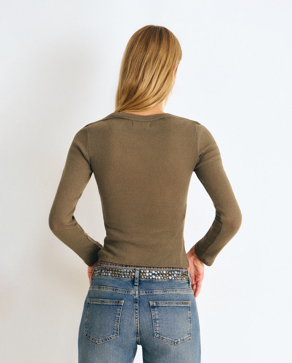 Camiseta de mujer efecto doble con botones - Brownie - Kaki Kaki-2