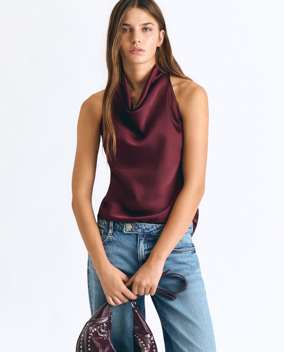 Imagen 1 de Top halter de mujer con cuello cascada Granate