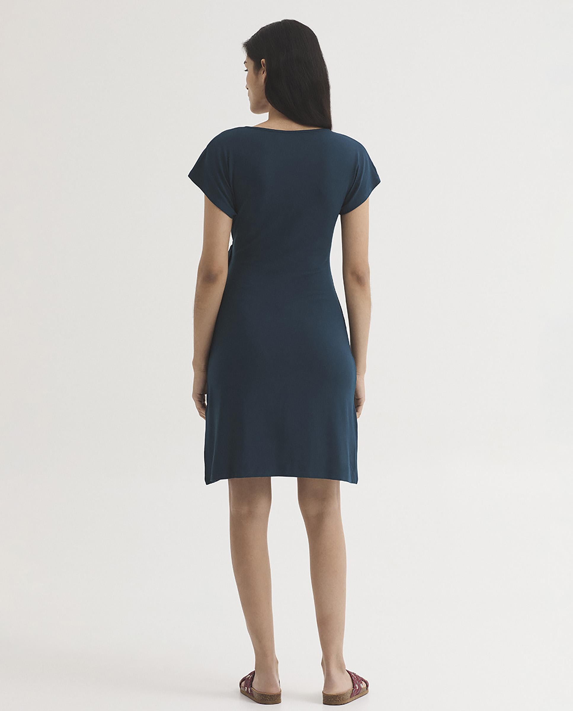 Vestido corto con lazo y cuello redondo - Nice Things - Azul oscuro Azul oscuro-4