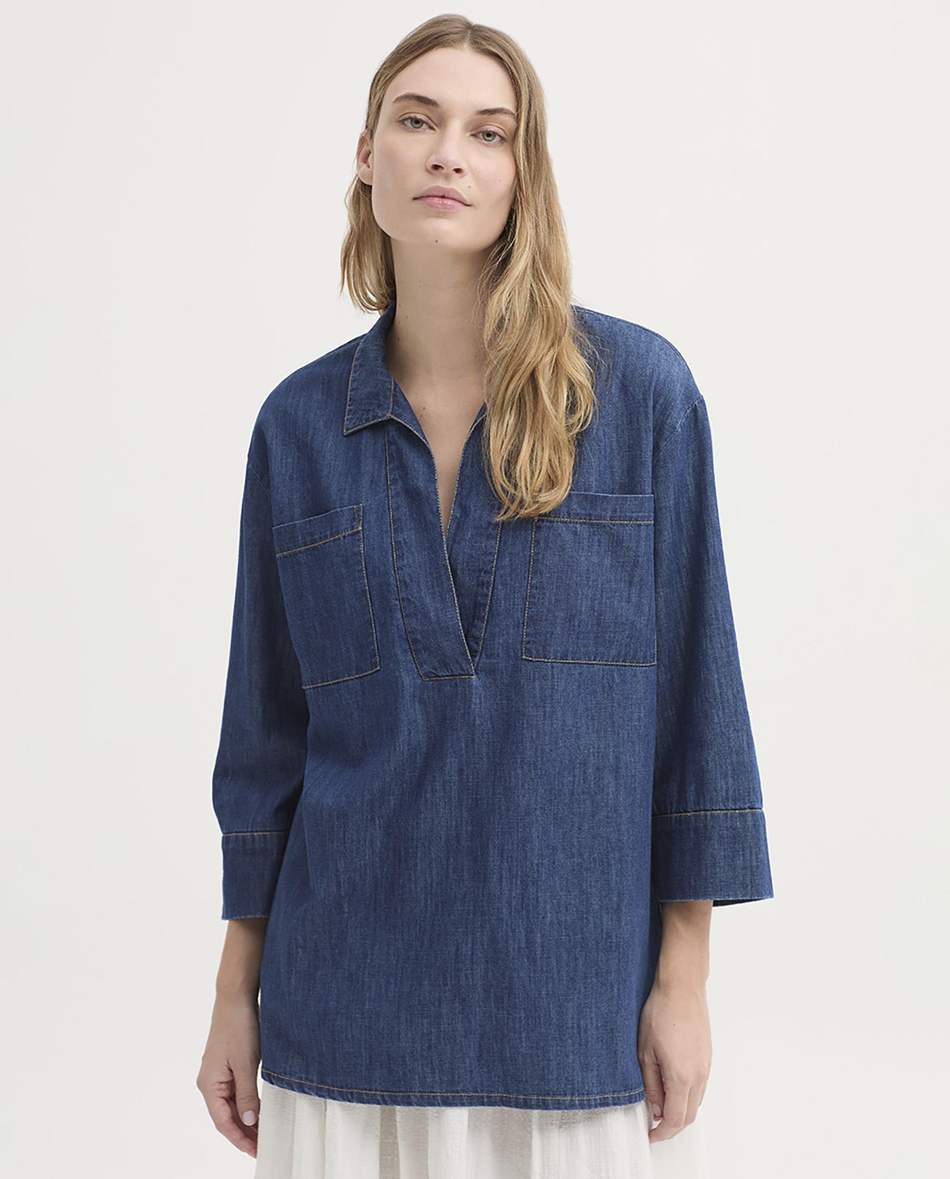 Nice Things - Camisa de mujer 100% algodón denim con bolsillos delanteros.