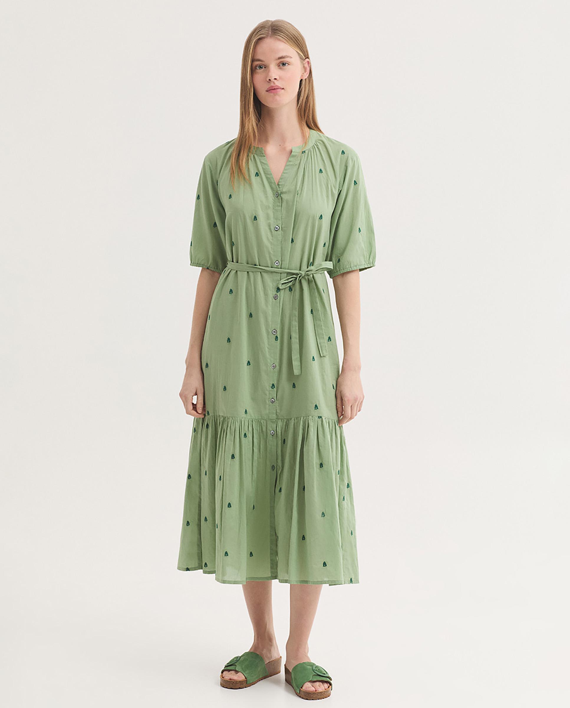 Vestido midi 100% algodón con bordados de flores - Nice Things - Verde Verde-1