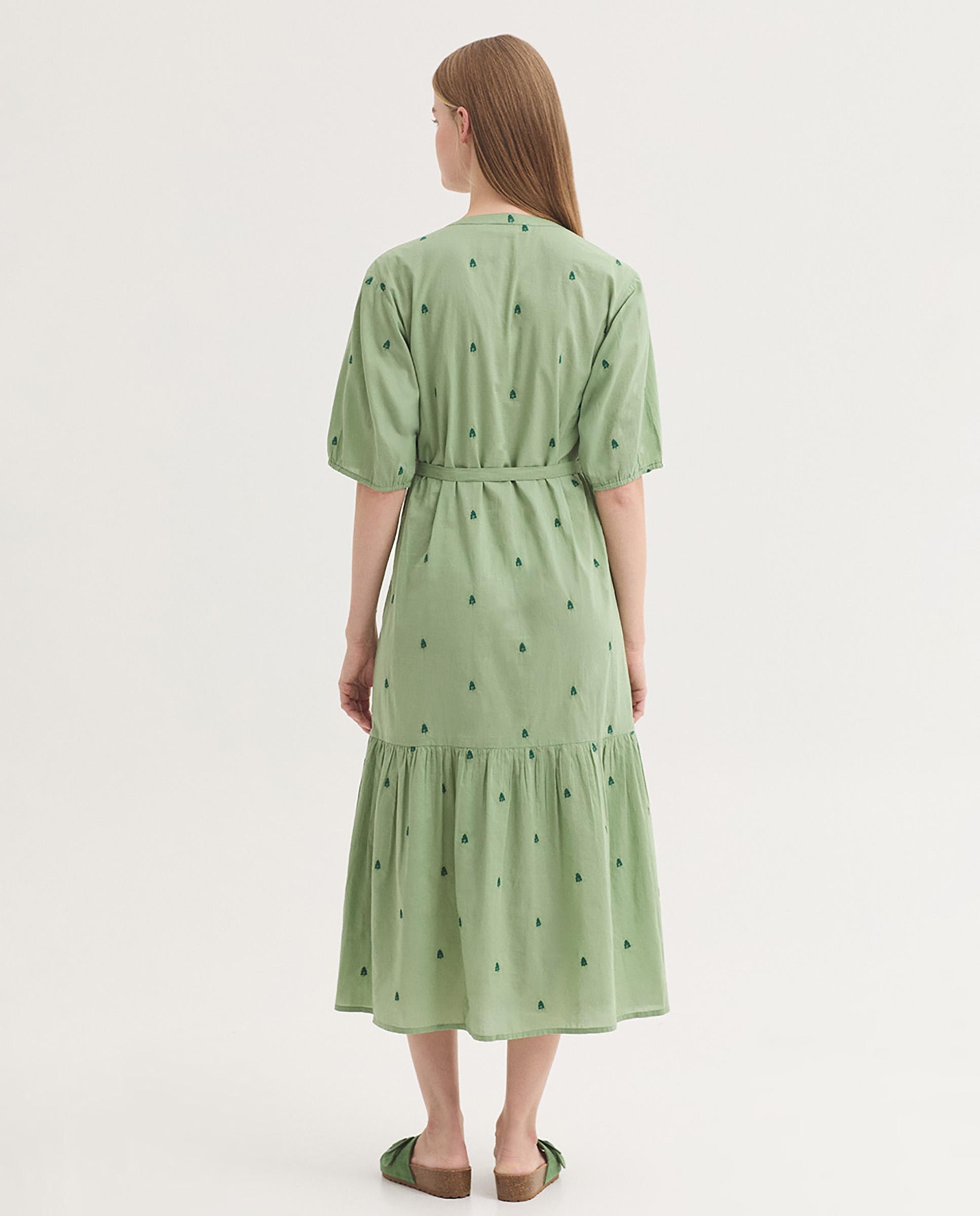 Vestido midi 100% algodón con bordados de flores - Nice Things - Verde Verde-2