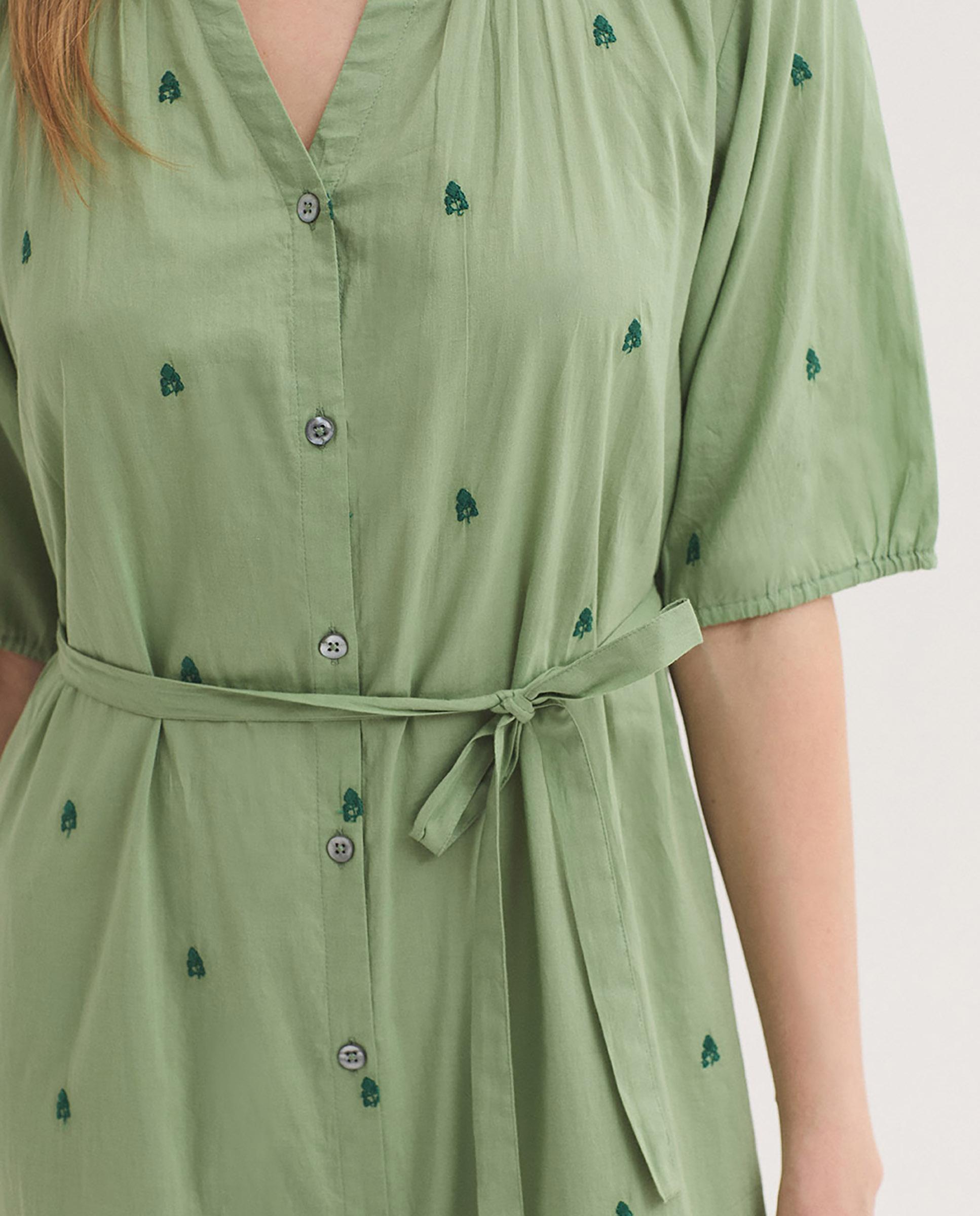 Vestido midi 100% algodón con bordados de flores - Nice Things - Verde Verde-3
