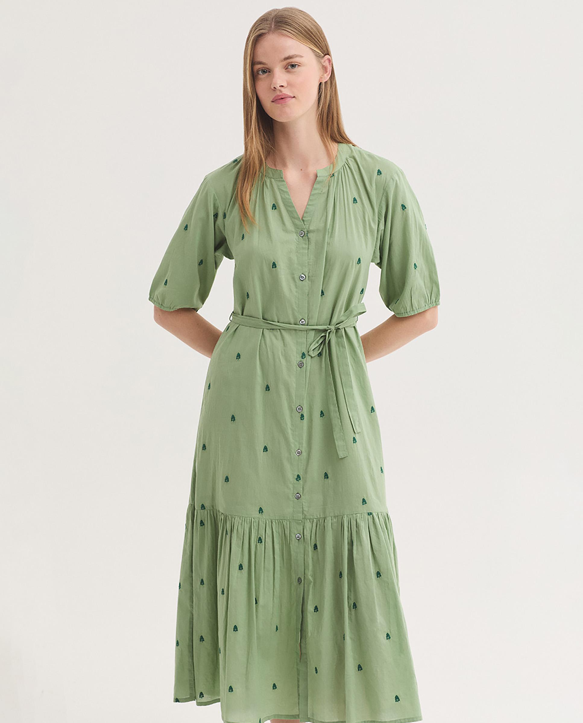 Vestido midi 100% algodón con bordados de flores - Nice Things - Verde Verde-4