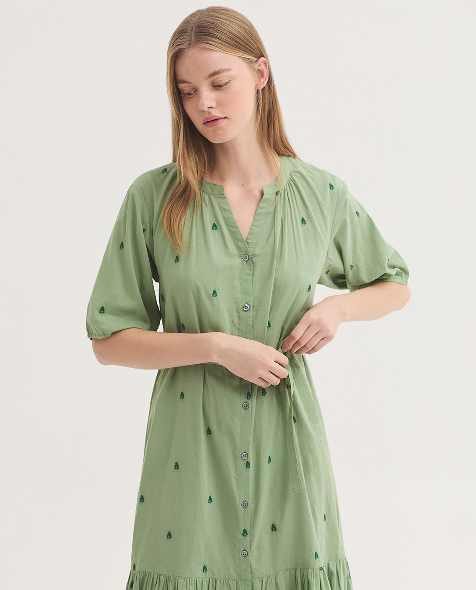 Vestido midi 100% algodón con bordados de flores - Nice Things - Verde Verde-6