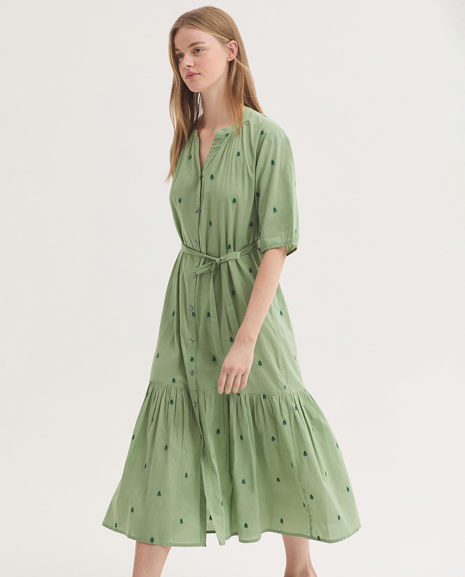 Vestido midi 100% algodón con bordados de flores - Nice Things - Verde Verde-7