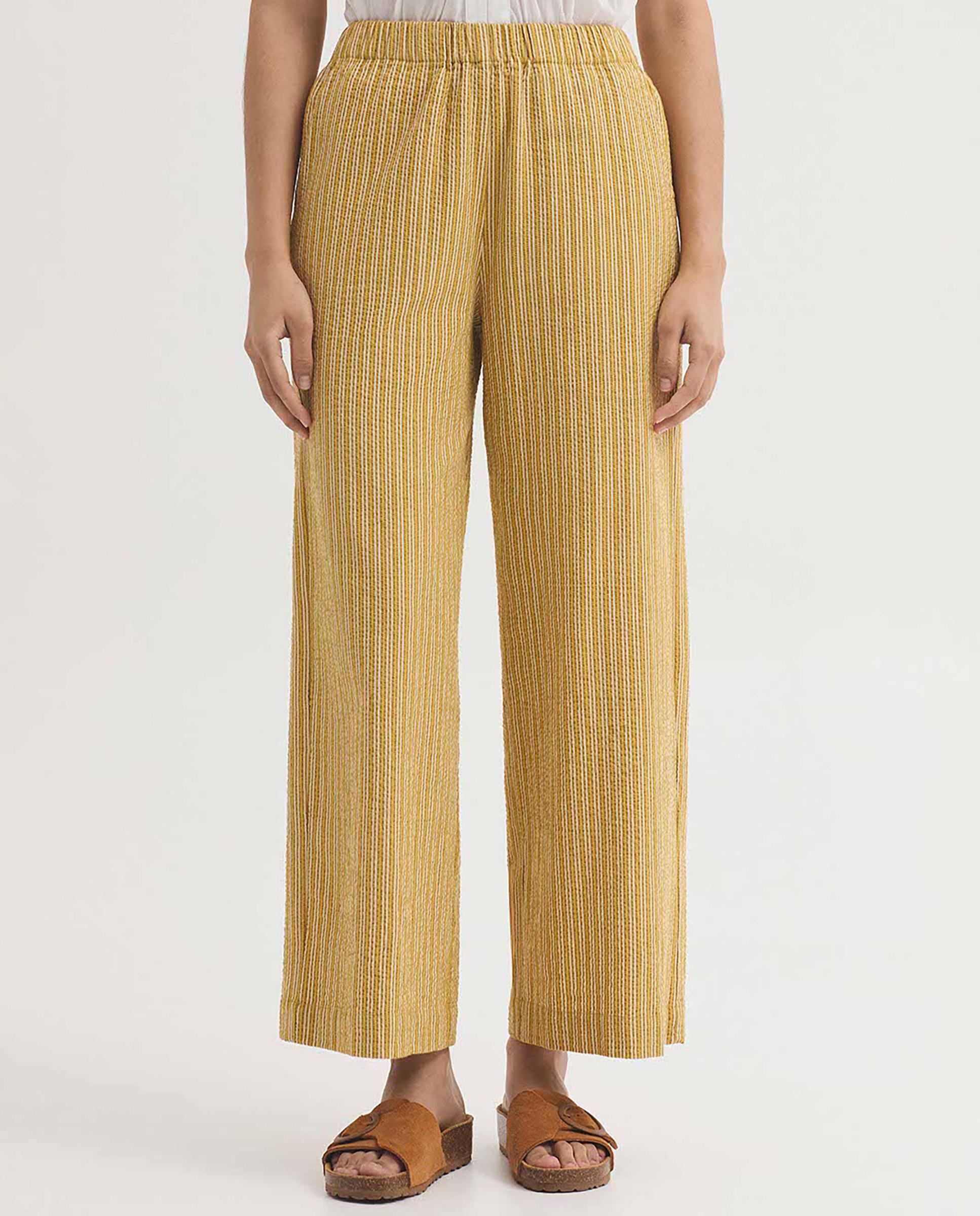 Pantalones anchos de mujer 100% algodón de rayas - Nice Things - Amarillo Amarillo-5